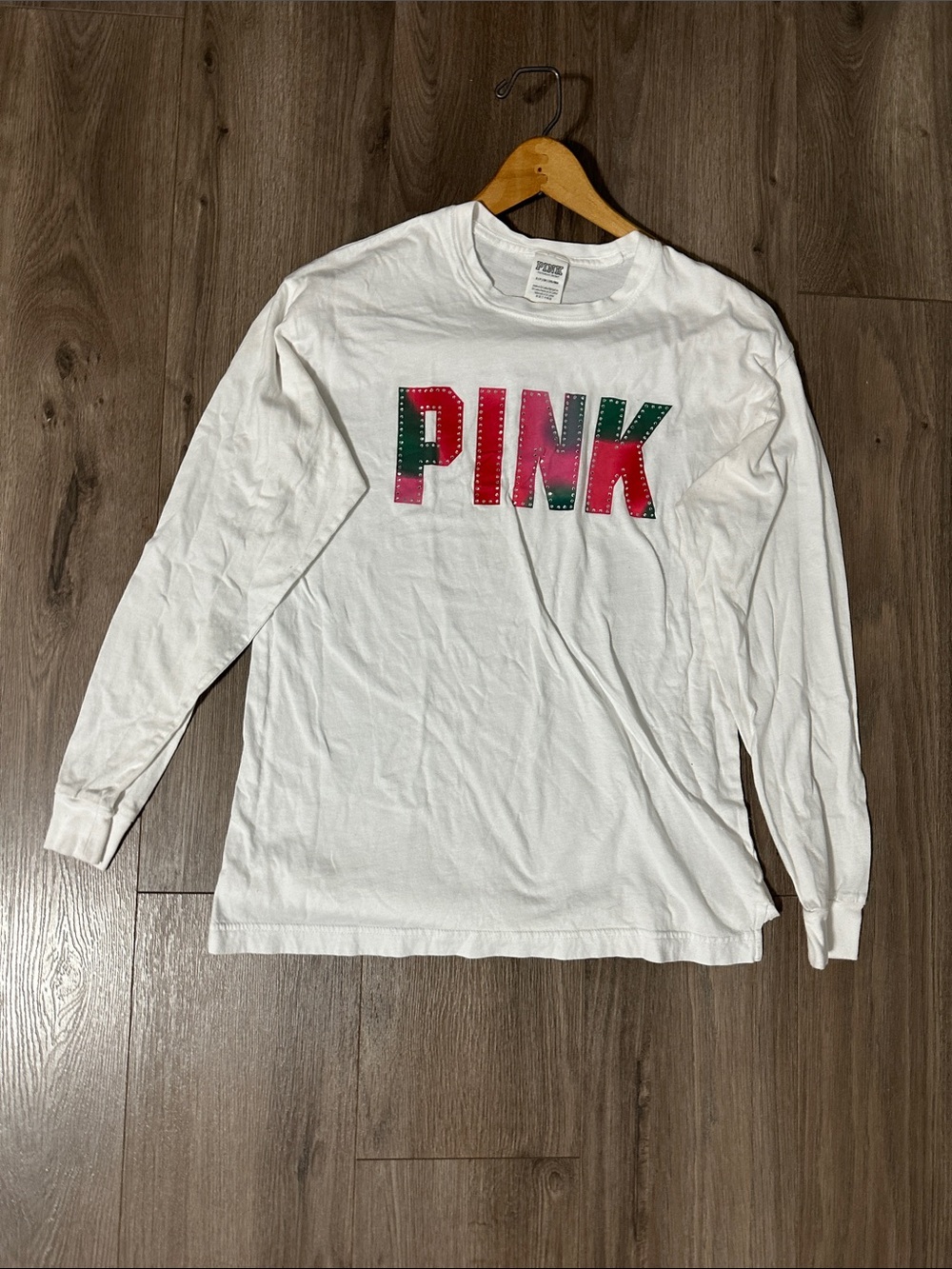 PINK Victoria's Secret White Long-Sleeve Tee Cotton with Pink & Green Logo NWOT
